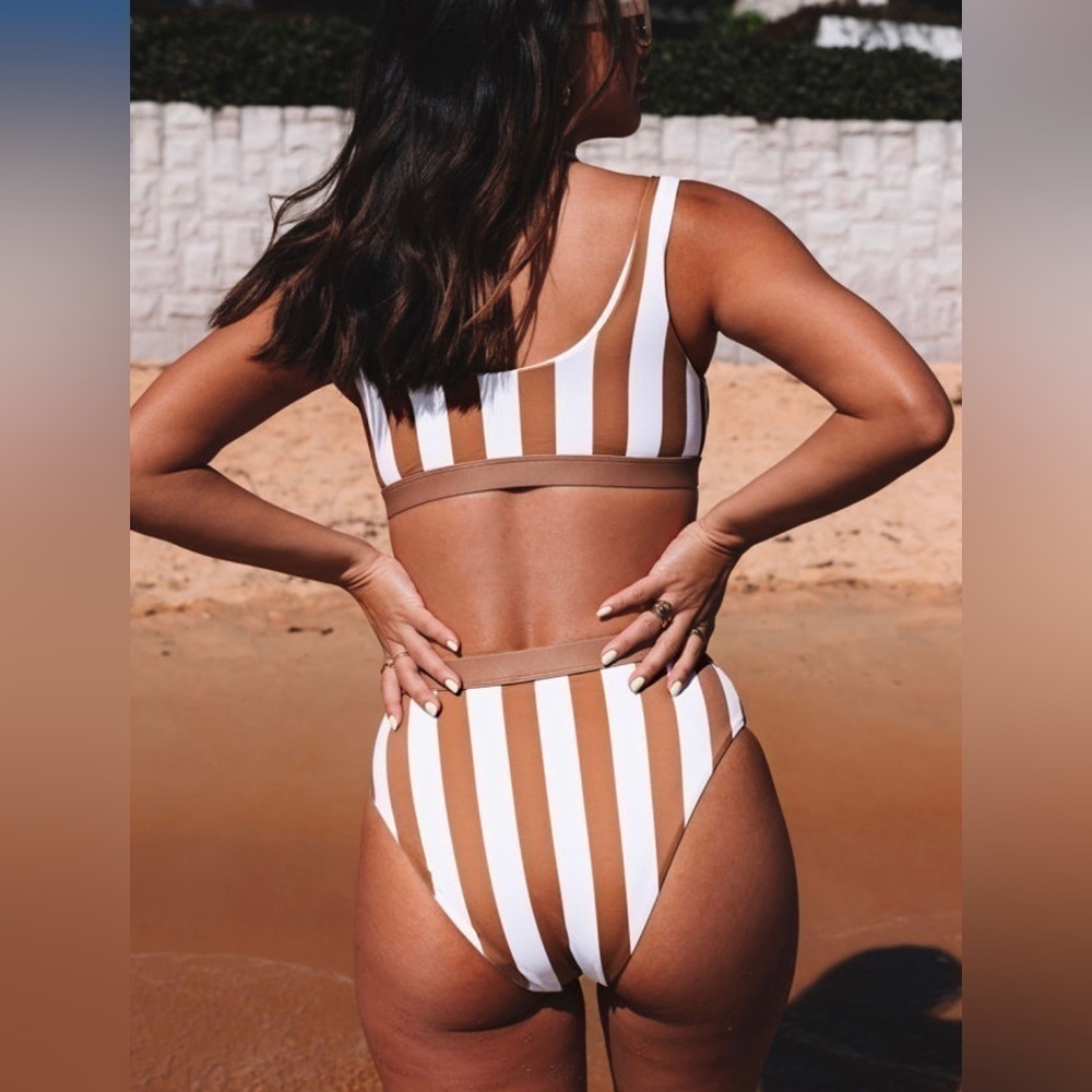 NWT BROWN WHITE ATHLETIC STRIPED TANK HIGH WAISTED BIKINI | 2 Piece Swimsuit - Picture 4 of 12